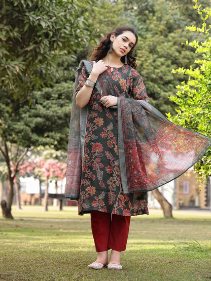 Green Linen Flare Kurta Trouser Dupatta Set