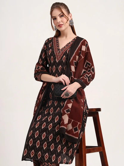 Black Pure Cotton Ethnic Print A-Line Kurta Trouser Dupatta Set