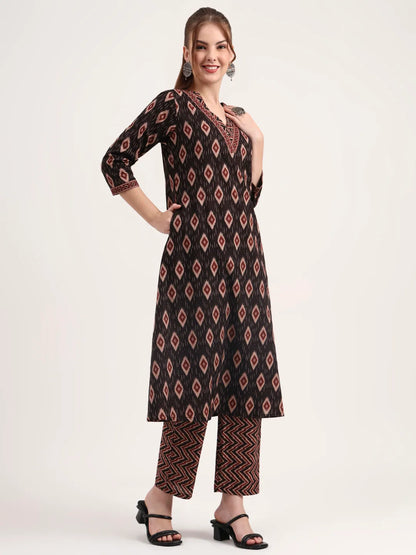 Black Pure Cotton Ethnic Print A-Line Kurta Trouser Dupatta Set