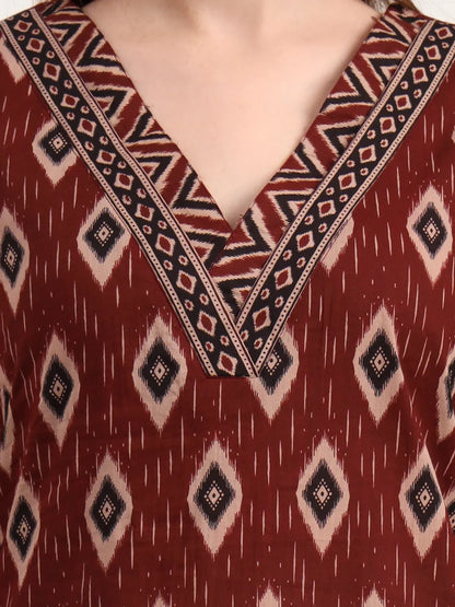Maroon Pure Cotton Ethnic Print A-Line Kurta Trouser Dupatta Set