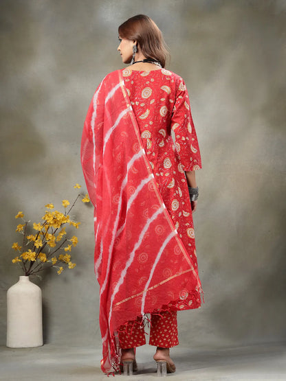 Red Cotton Maternity Kurta Set With Tie Dye Doriya Dupatta Set