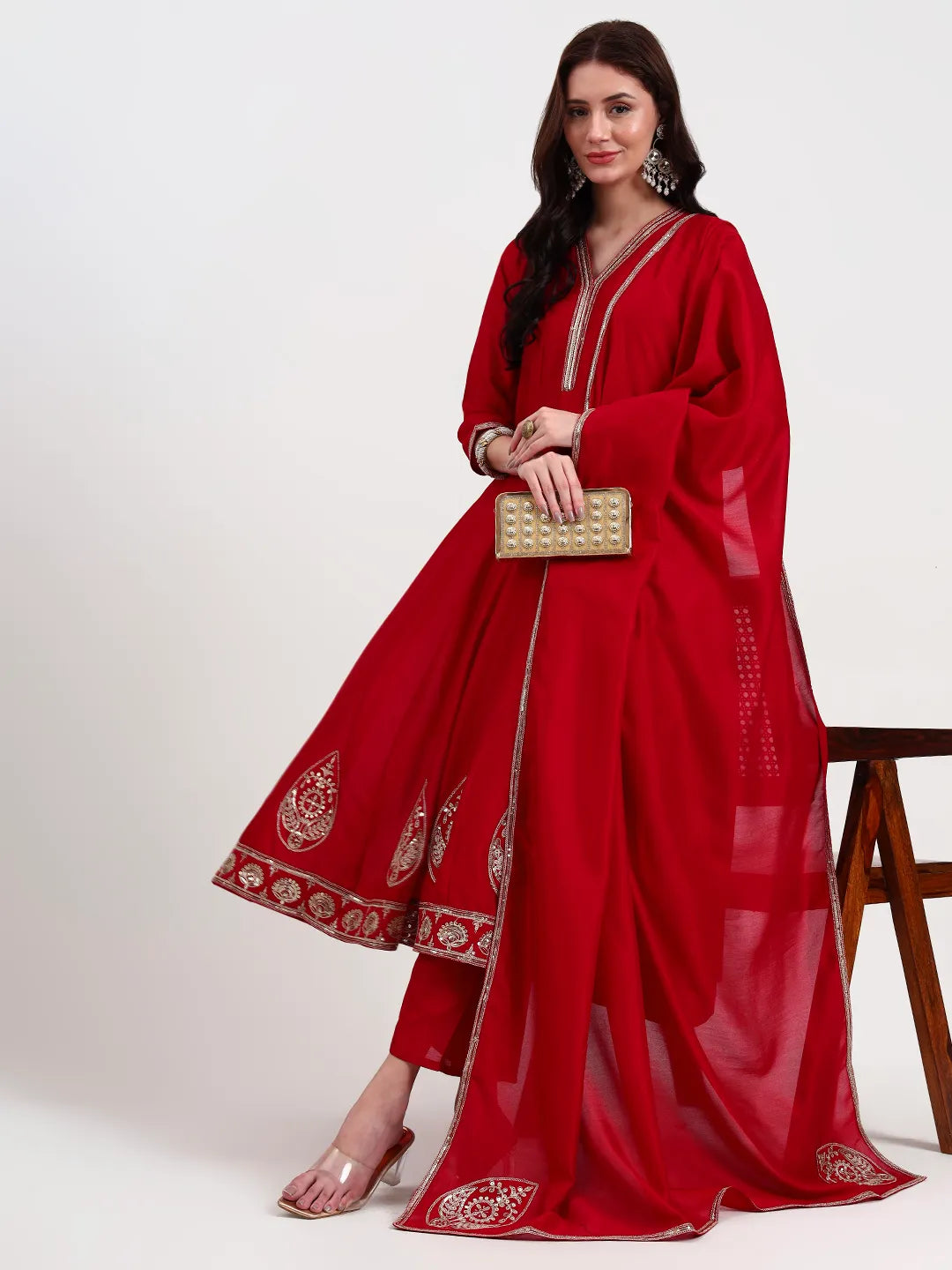 Red Vichitra Kalidaar Kurta Set With Pant And Dupatta