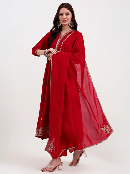 Red Vichitra Kalidaar Kurta Set With Pant And Dupatta