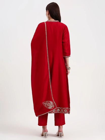 Red Vichitra Kalidaar Kurta Set With Pant And Dupatta