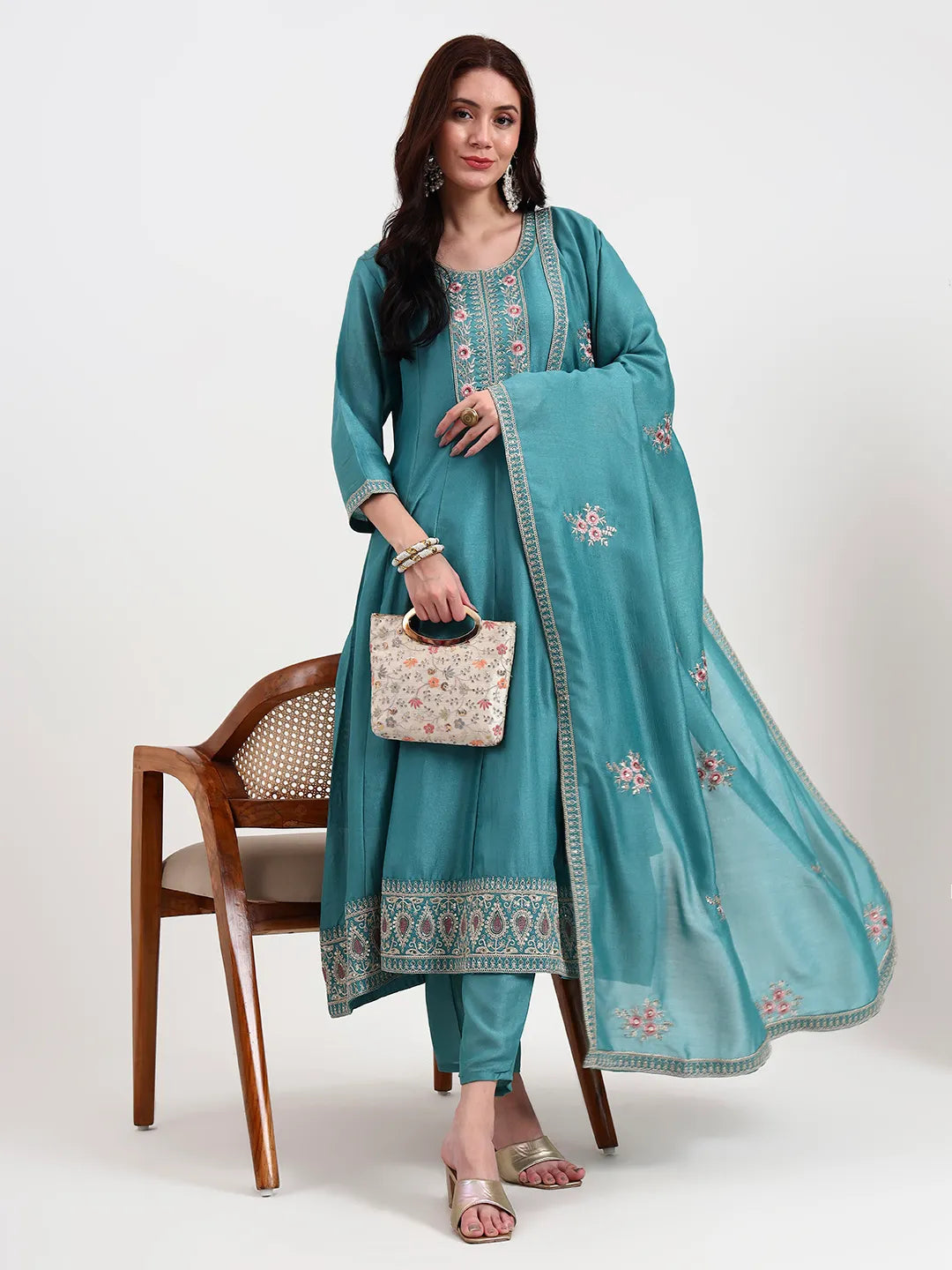 Turquoise Blue Vichitra Kalidaar Kurta Set With Pant And Dupatta