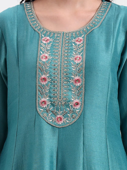 Turquoise Blue Vichitra Kalidaar Kurta Set With Pant And Dupatta