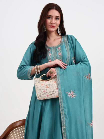 Turquoise Blue Vichitra Kalidaar Kurta Set With Pant And Dupatta