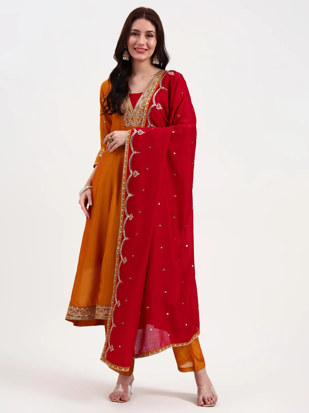 Mustard Vichitra Kalidaar Kurta Set With Pant And Dupatta