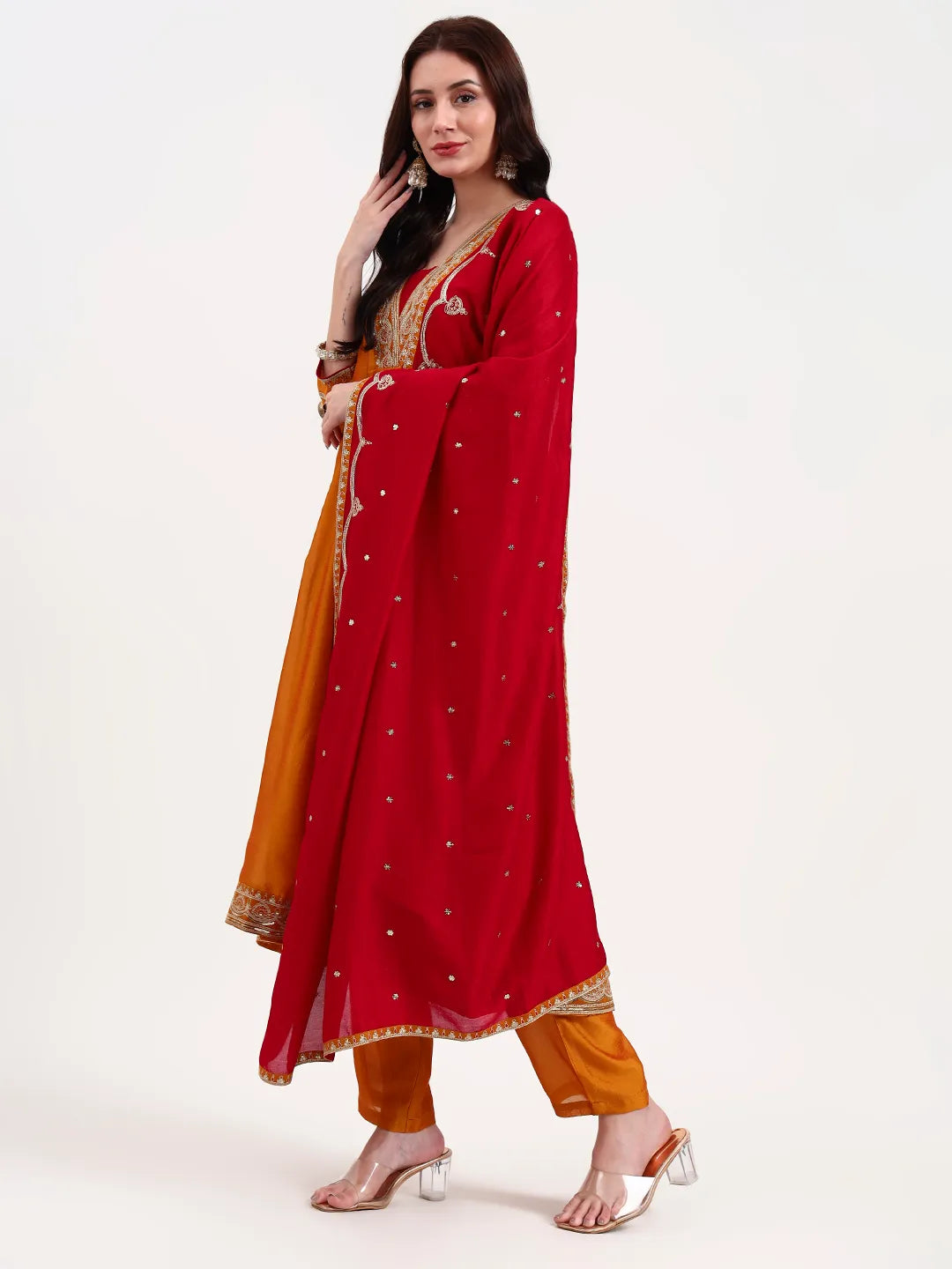 Mustard Vichitra Kalidaar Kurta Set With Pant And Dupatta