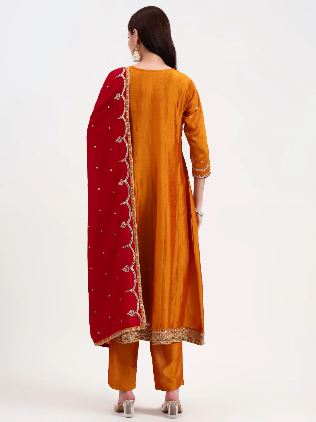 Mustard Vichitra Kalidaar Kurta Set With Pant And Dupatta