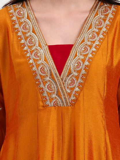 Mustard Vichitra Kalidaar Kurta Set With Pant And Dupatta