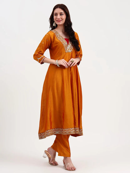 Mustard Vichitra Kalidaar Kurta Set With Pant And Dupatta