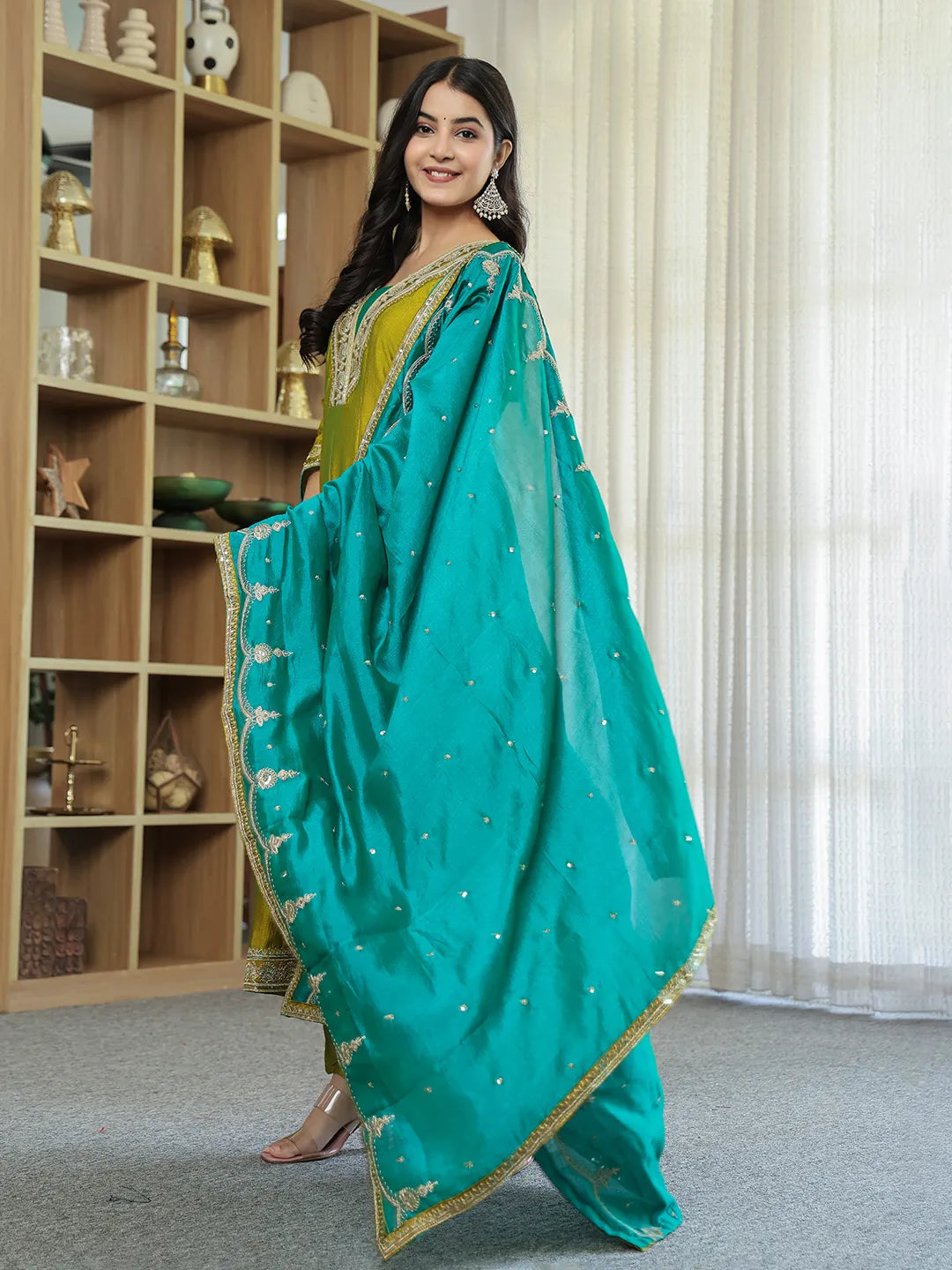 Lime Green Vichitra Kalidaar Kurta Trouser Dupatta Set