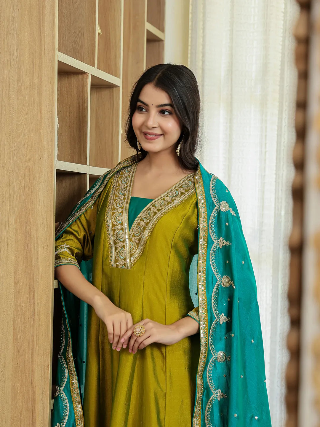 Women's Green Silk Blend Lime Green Vichitra Kalidaar Kurta Trouser Dupatta Set by Yufta, suitable for wholesale buyers, boutiques, retailers, resellers and bulk fashion orders from Trendphoria