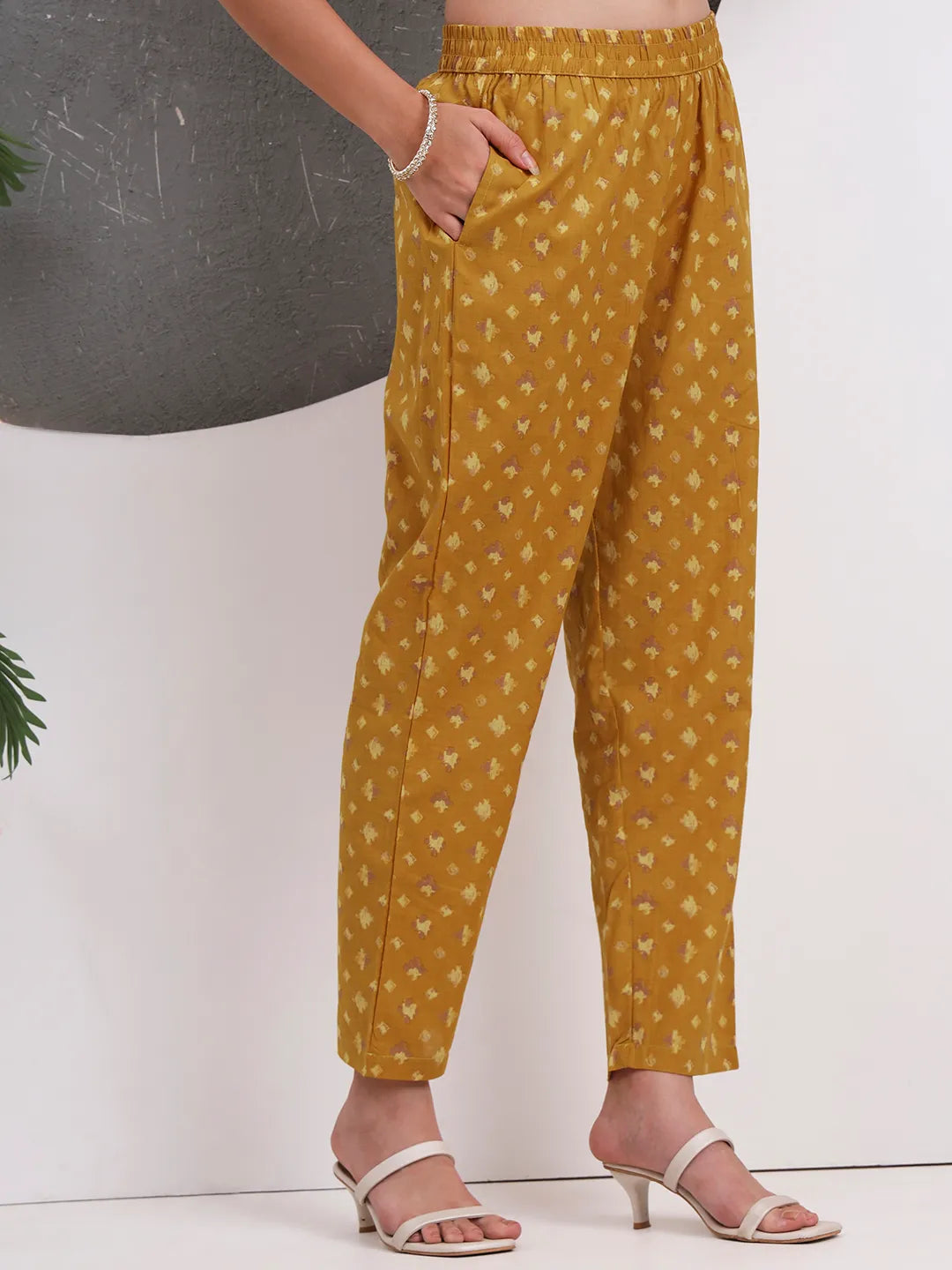 Mustard Floral Print Sequins Work Cotton Kurta Trouser With Dupatta Set