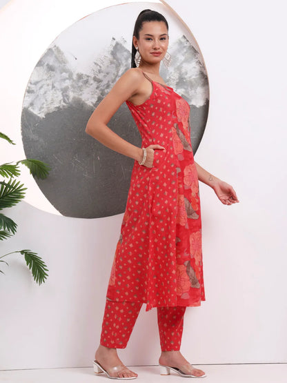Red Floral Print Sequins Work Cotton Kurta Trouser With Dupatta Set