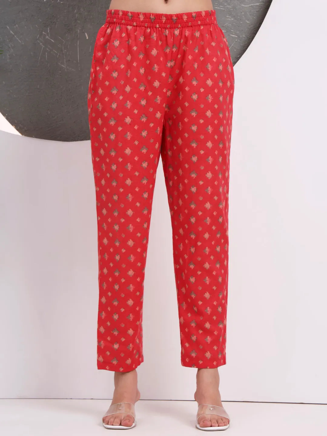 Red Floral Print Sequins Work Cotton Kurta Trouser With Dupatta Set