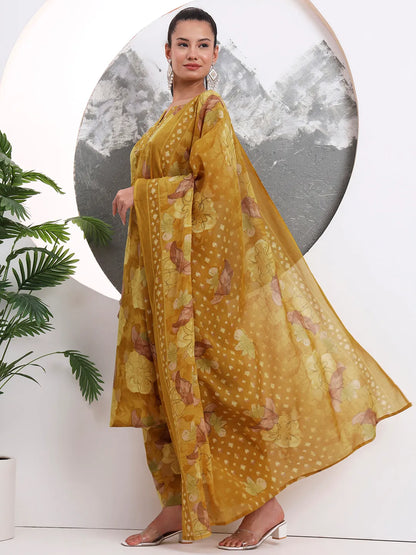 Mustard Floral Print Sequins Work Cotton Straight Kurta Trouser With Dupatta Set