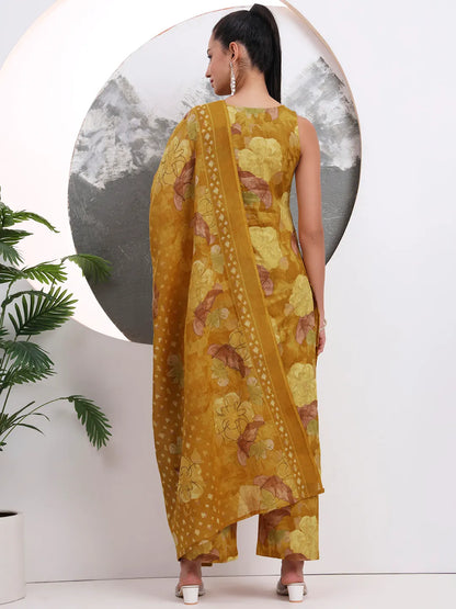 Mustard Floral Print Sequins Work Cotton Straight Kurta Trouser With Dupatta Set