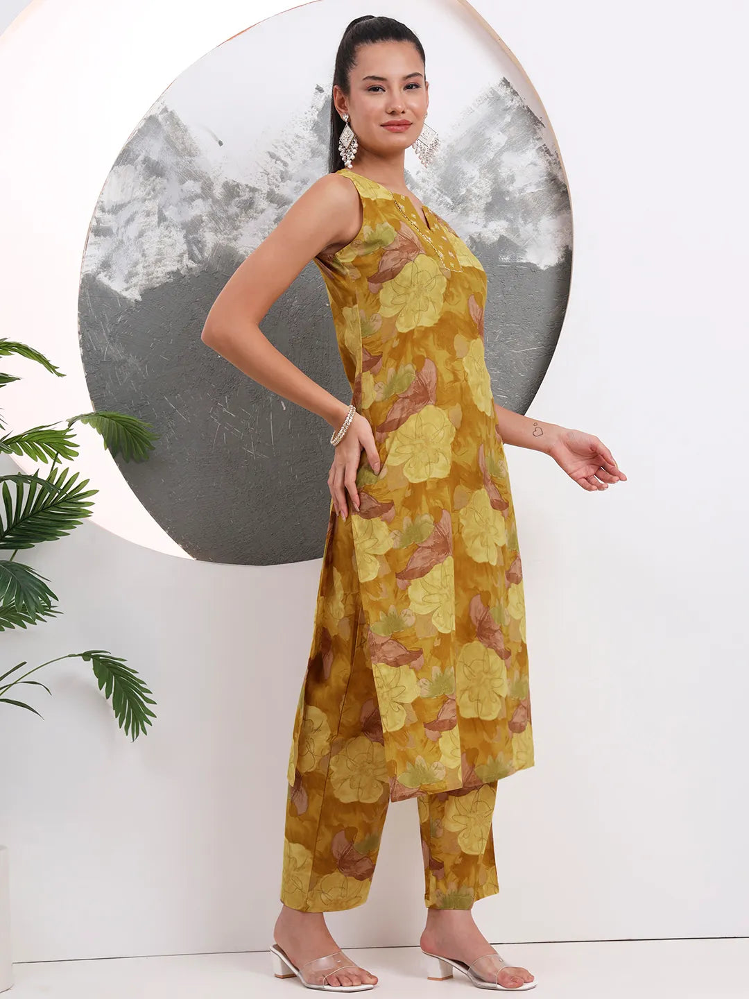 Mustard Floral Print Sequins Work Cotton Straight Kurta Trouser With Dupatta Set