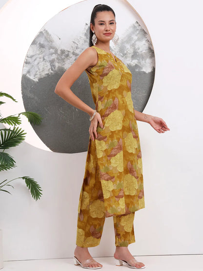 Mustard Floral Print Sequins Work Cotton Straight Kurta Trouser With Dupatta Set