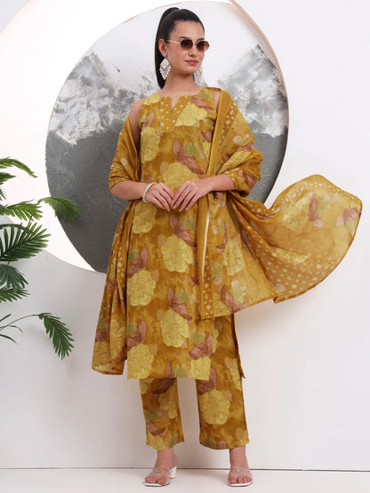 Mustard Floral Print Sequins Work Cotton Straight Kurta Trouser With Dupatta Set