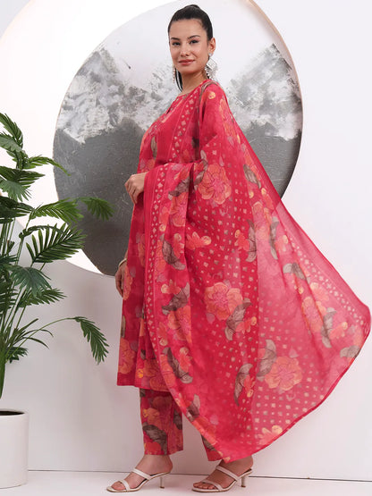 Red Floral Print Sequins Work Cotton Straight Kurta Trouser With Dupatta Set