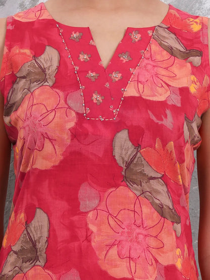 Red Floral Print Sequins Work Cotton Straight Kurta Trouser With Dupatta Set