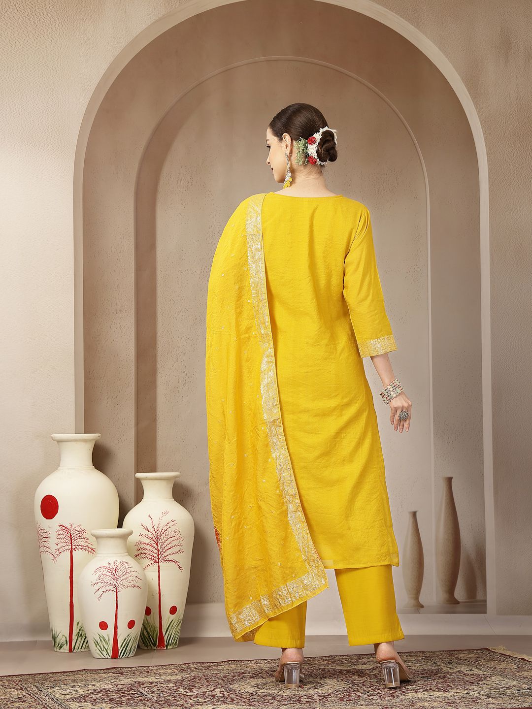 Mustard Chanderi Silk Straight Kurta Trouser Dupatta Set