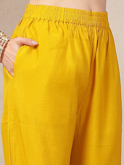 Mustard Chanderi Silk Straight Kurta Trouser Dupatta Set