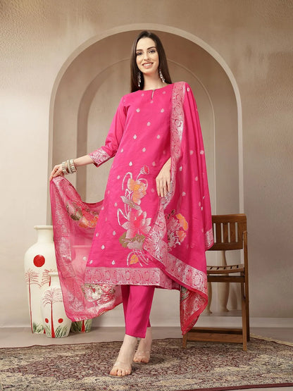 Pink Chanderi Silk Floral Golden Print Straight Kurta Trouser Dupatta Set
