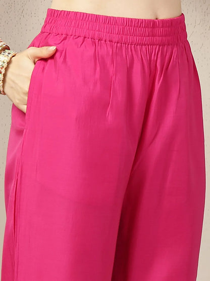 Pink Chanderi Silk Floral Golden Print Straight Kurta Trouser Dupatta Set