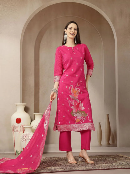 Pink Chanderi Silk Floral Golden Print Straight Kurta Trouser Dupatta Set