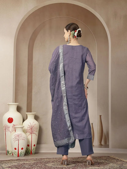 Purple Chanderi Silk Floral Golden Print Straight Kurta Trouser Dupatta Set