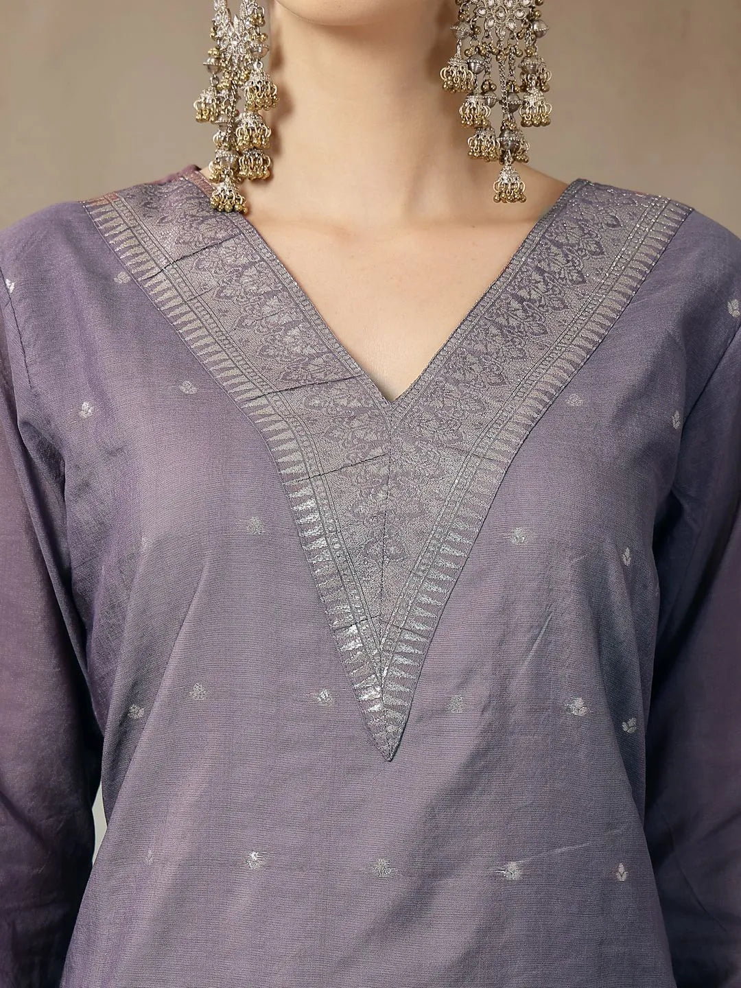 Purple Chanderi Silk Floral Golden Print Straight Kurta Trouser Dupatta Set