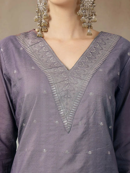 Purple Chanderi Silk Floral Golden Print Straight Kurta Trouser Dupatta Set