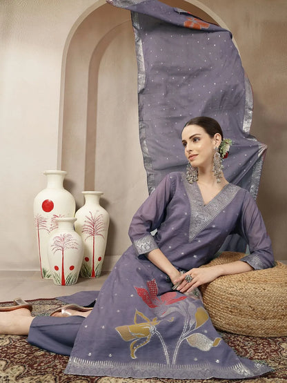 Purple Chanderi Silk Floral Golden Print Straight Kurta Trouser Dupatta Set