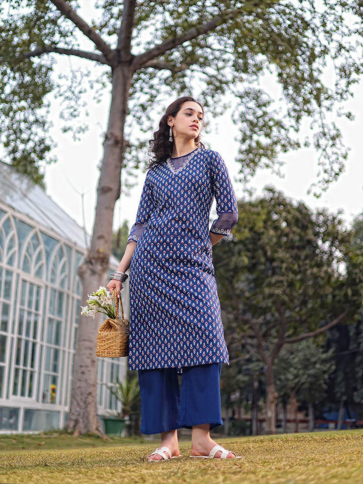 Cotton Lace Work Straight Kurta Palazzo Set