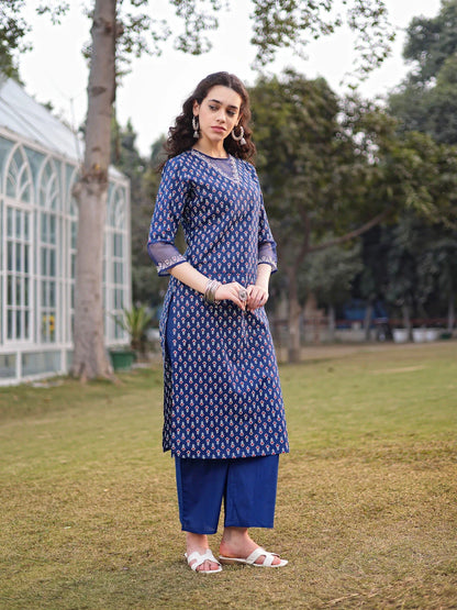 Cotton Lace Work Straight Kurta Palazzo Set