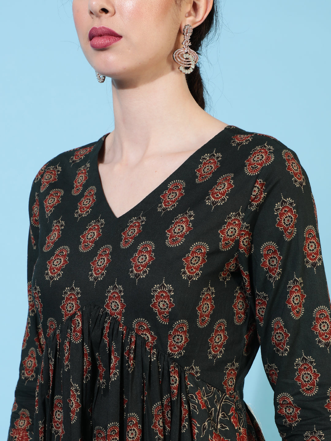 Cotton Calf Length Printed Flared 3/4 Sleeves V-Neck Kurta Bottom Dupatta Set