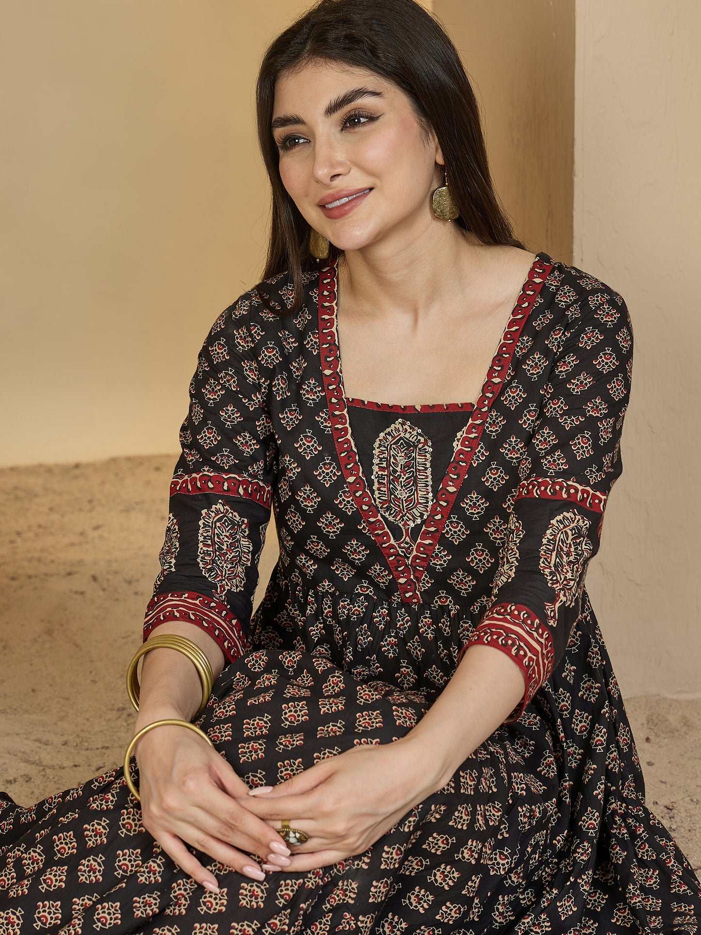 Cotton Ankle Length Printed 3/4 Sleeves V-Neck Anarkali Kurta