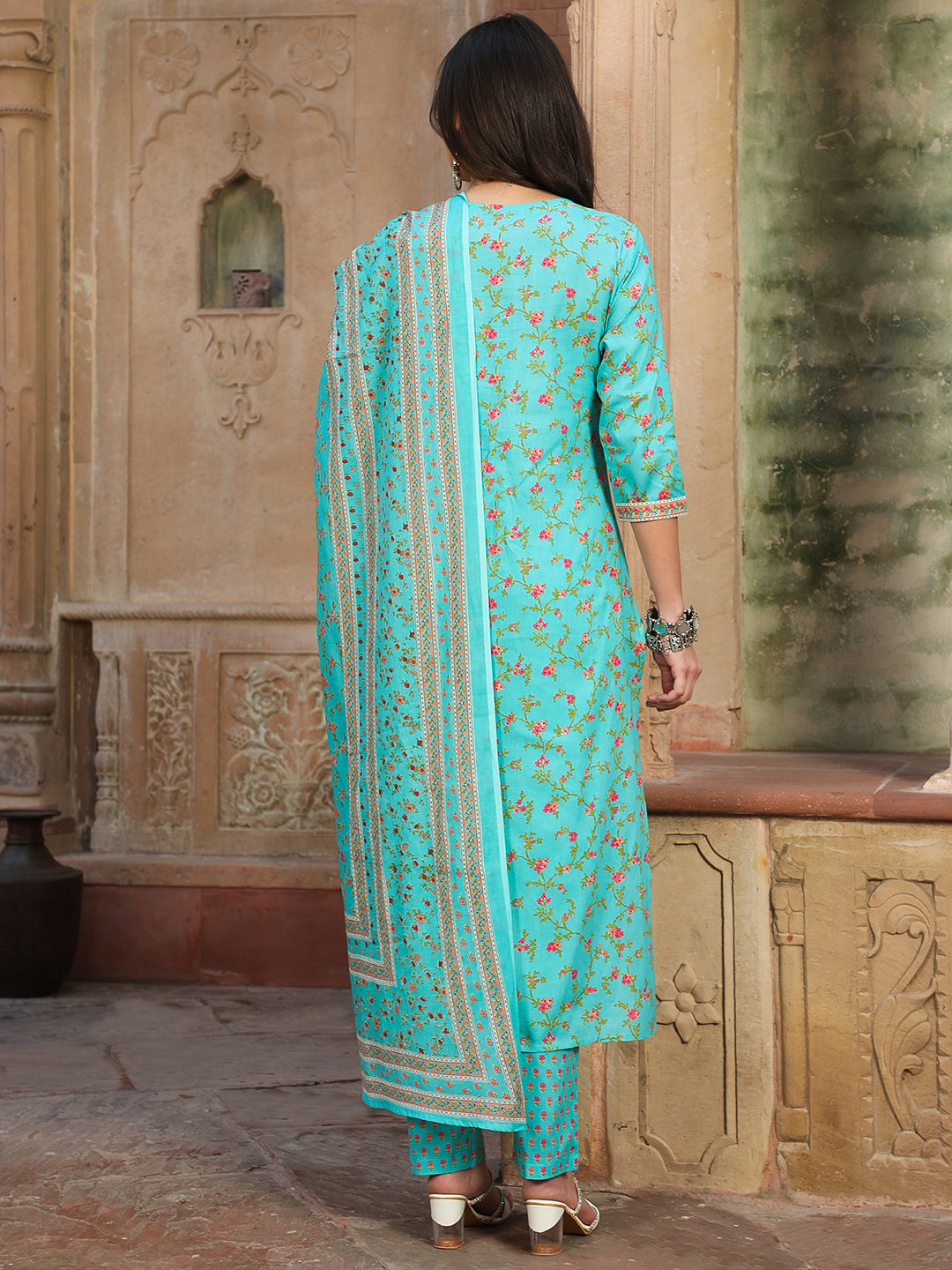 Cotton Calf Length Printed Straight 3/4 Sleeves V-neck Kurta Bottom Dupatta Set