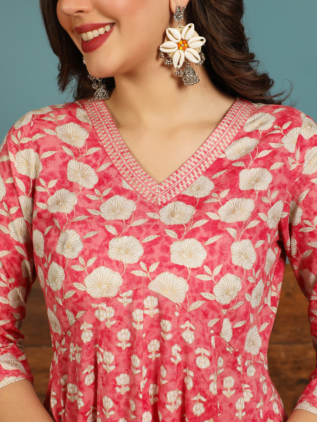 Cotton Ankle Length Printed Flared 3/4 Sleeves V-neck Kurta (Preorder)