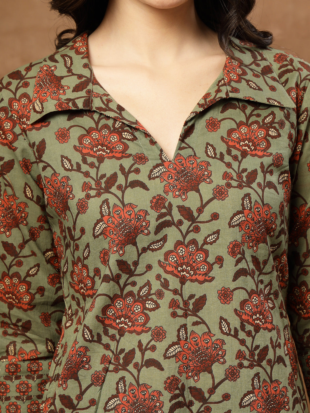 Straight Printed Cotton Shirt Collar Kurta Set