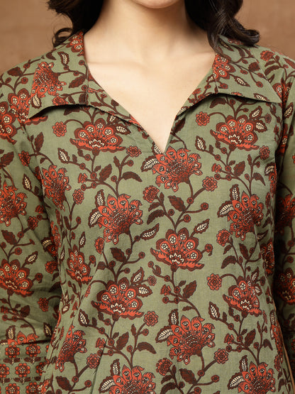 Straight Printed Cotton Shirt Collar Kurta Set