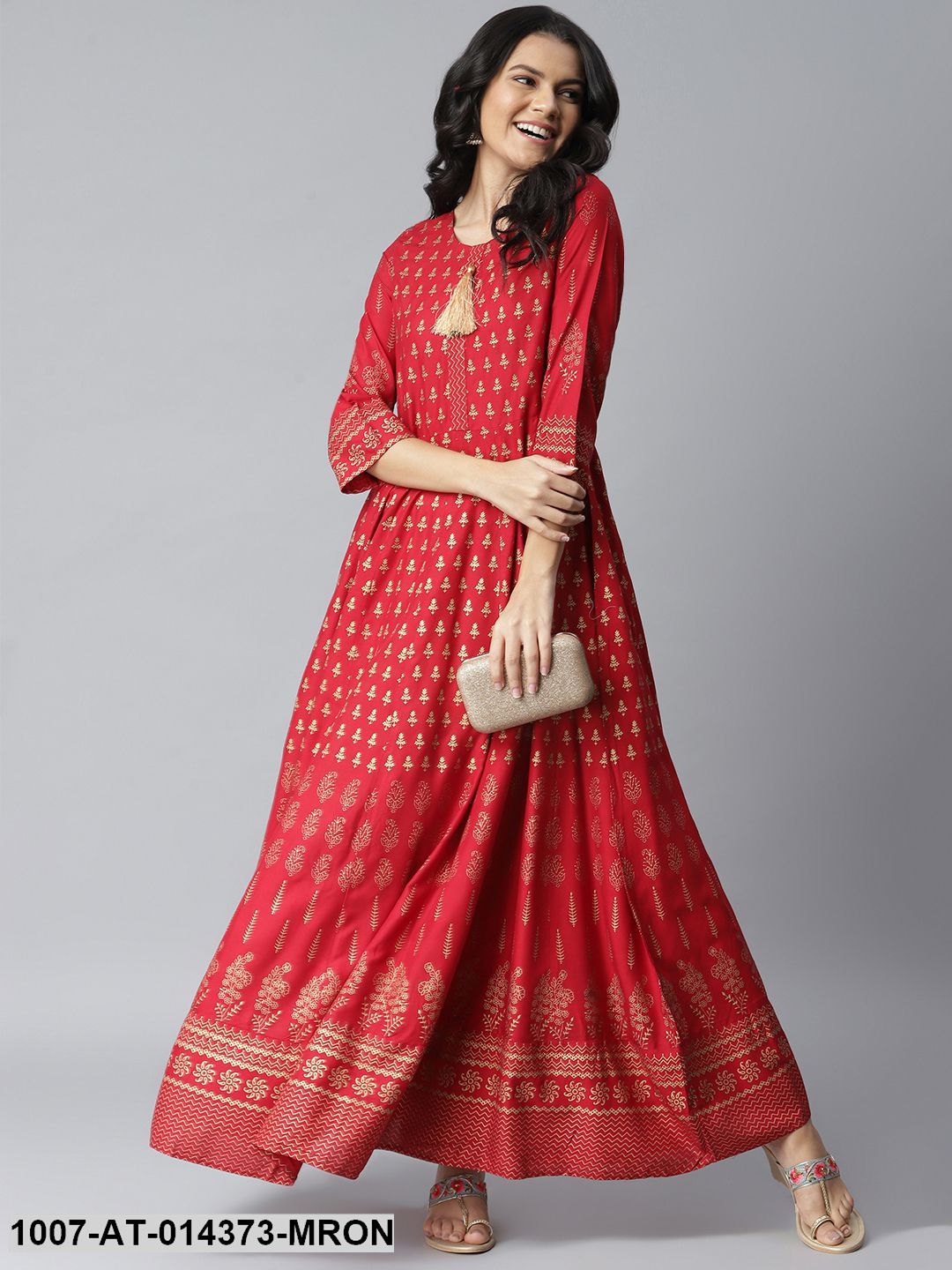 Gold Print Rayon Long Anarkali Kurta (Maroon) (Pre-Order)