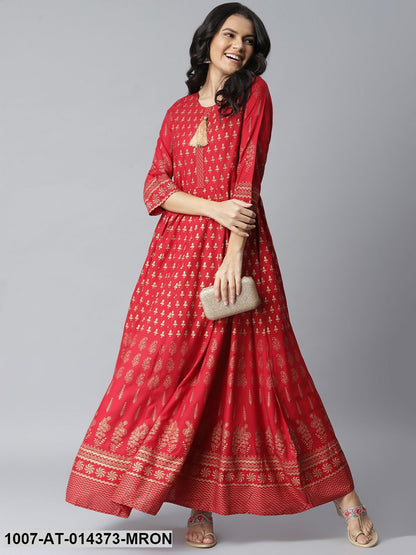 Gold Print Rayon Long Anarkali Kurta (Maroon) (Pre-Order)