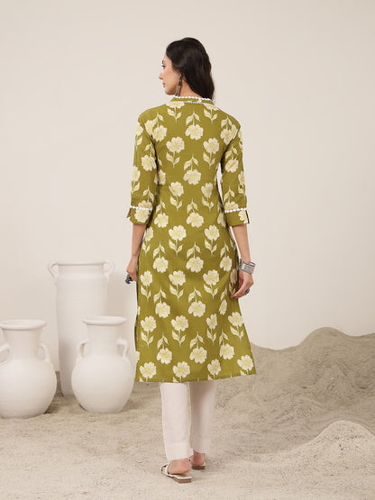Cotton Calf Length Printed 3/4 Sleeves V-Neck Kurta