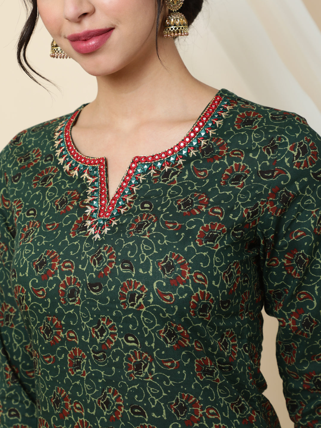 Cotton  Calf Length Printed Straight 3/4 Sleeves Round Kurta