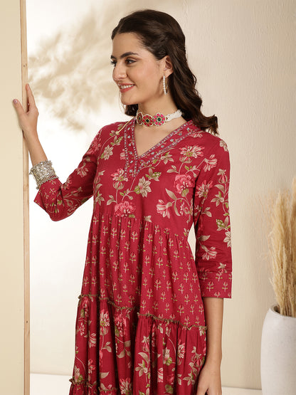 Cotton Calf Length Printed 3/4 Sleeves V-Neck Anarkali Kurta